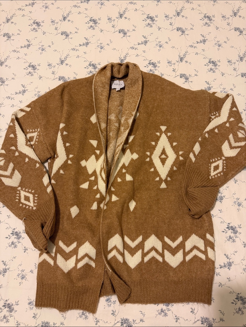 Gilli Cozy Brown Aztec Shawl Cardigan Sweater, Size Small